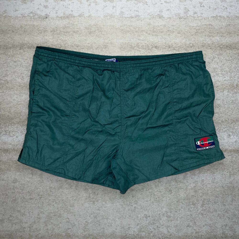 Vintage 90s Champion Swim Shorts Mens L Forest Green Nylon 5" Inseam Mesh Lined